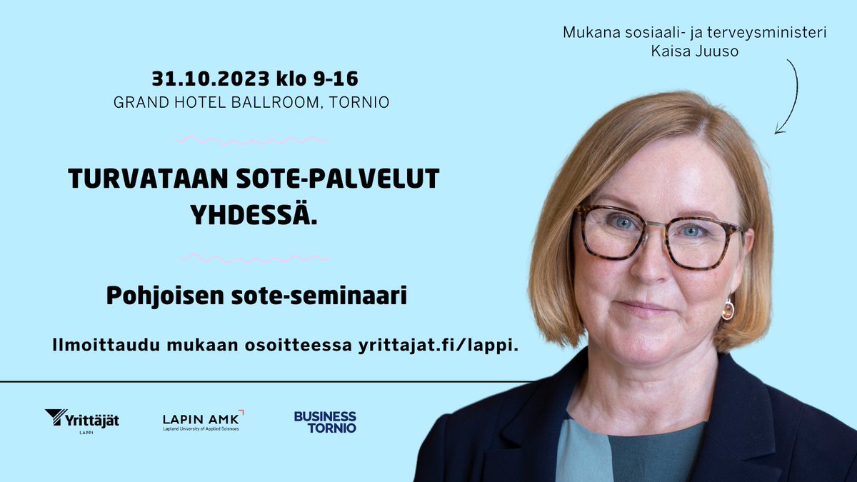 🩺Miten varmistamme, että Lapin hyvinvointialueella palvelut toteutetaan asiakaskeskeisesti? 🩺Miten eri sektorit voivat tukea hyvinvointialuetta sote-palvelujen tuottamisessa kustannustehokkaasti? 👉 Tule mukaan Pohjoisen sote-seminaariin! yrittajat.fi/tapahtumat/poh… @LapinAMK