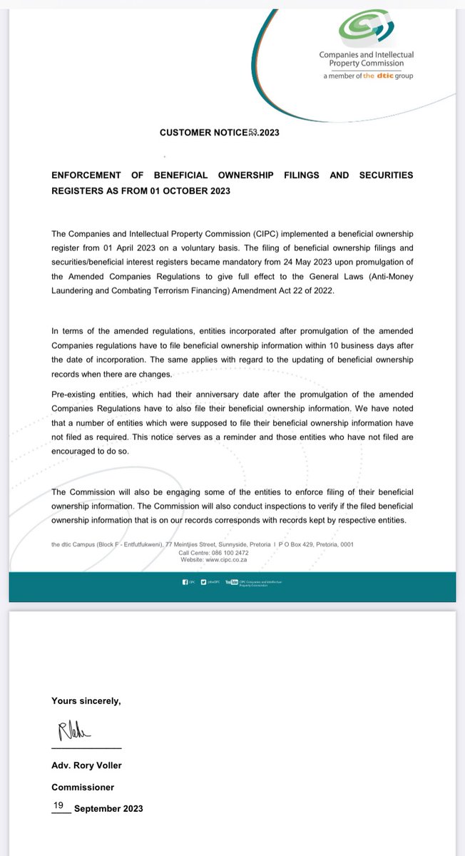 accadvisorypty's tweet photo. 📍📌NOTICE FROM CIPC:

The filing of beneficial ownership filings and securities/beneficial interest registers became mandatory from 24 May 2023 upon promulgation of the Amended Companies Regulations to give full effect to the General Laws Amendment Act 22 of 2022. https://t.co/esyFjtJuzU