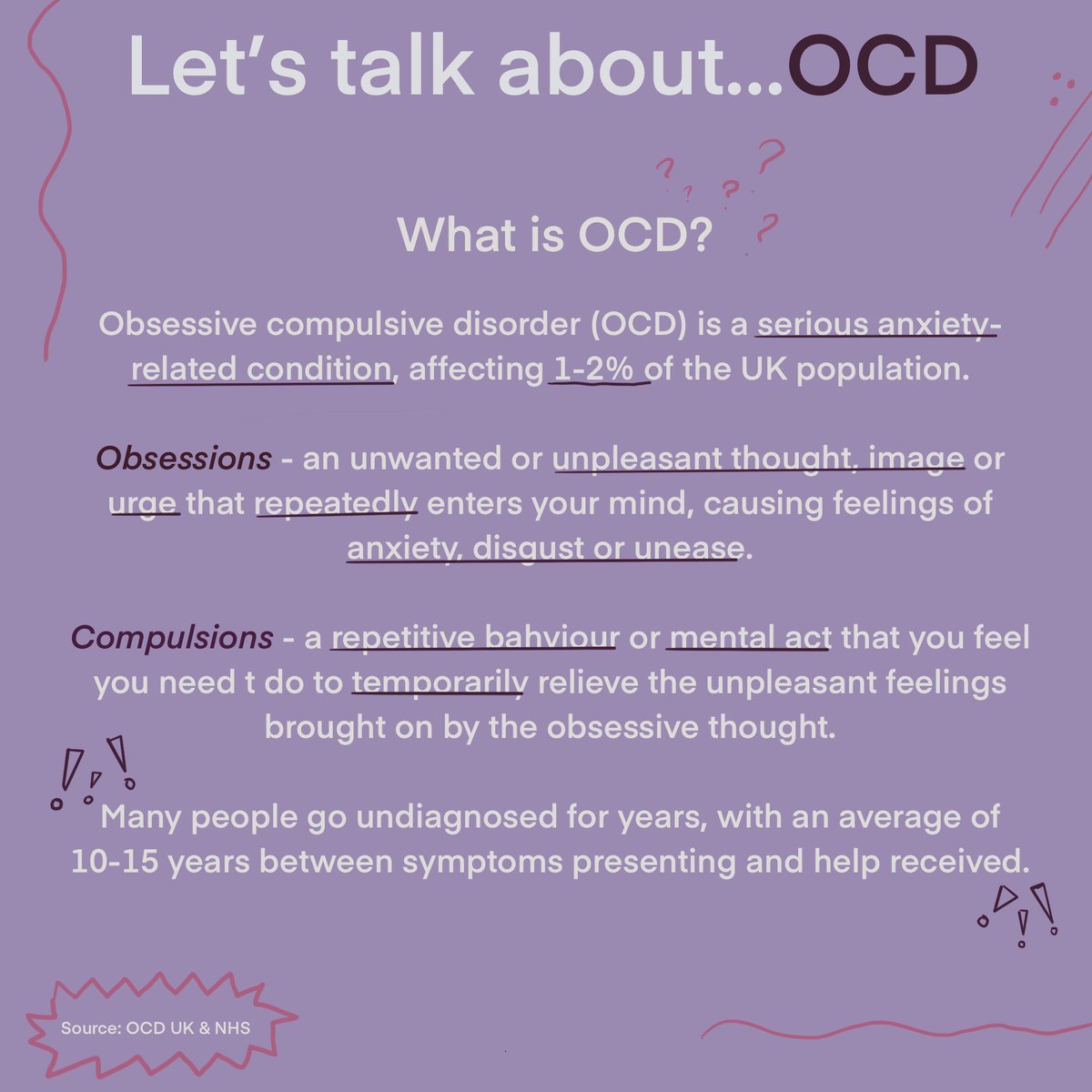 Emily_Bell_OT's tweet photo. Today is #WorldMentalHealthDay2023 and is also #OCD awareness week. Like many mental health conditions, OCD is highly trivialised with the term often ‘thrown around’ in conversations. 

Even if you only take one thing away from this post, it is a small step in raising awareness! https://t.co/Svjs5L1sy3