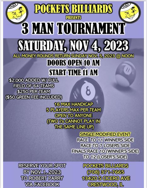 IllinoisPool's tweet image. 8 Ball Tournament 
• 11/4/23 (11 am)
• Crestwood (Pockets Billiards)
• $250/team