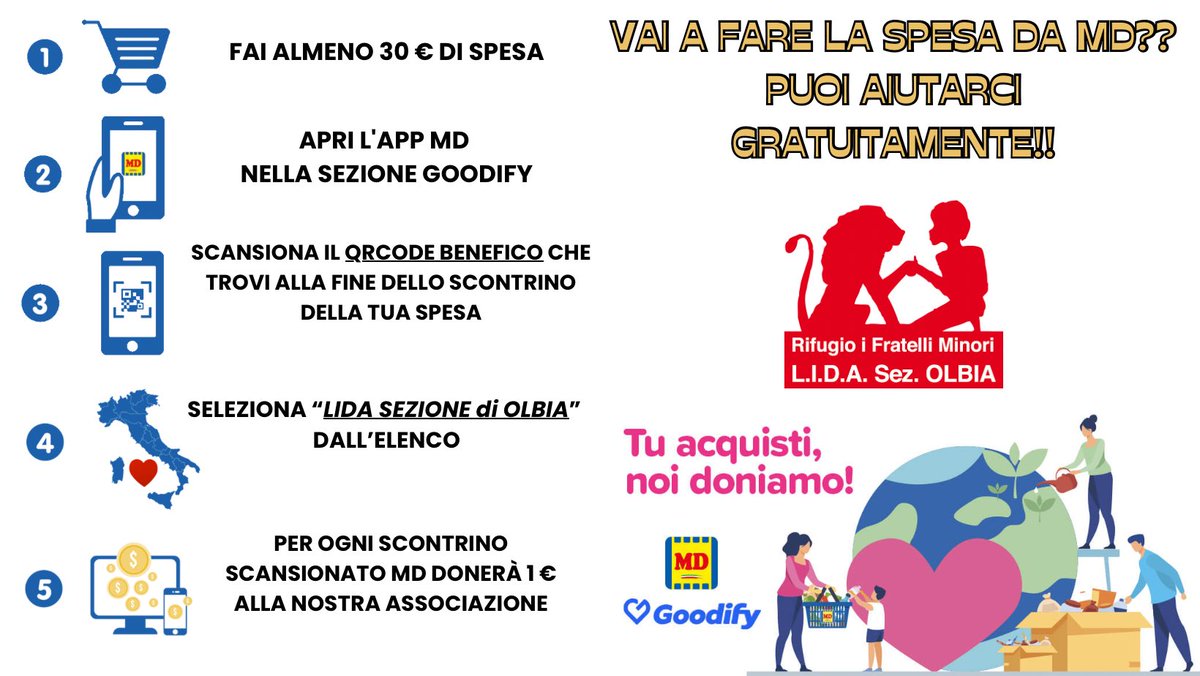 LidaSezOlbia's tweet photo. Potete aiutare la nostra Associazione anche tramite scontrino della spesa da MD.
Nella locandina tutte le info per donare il vostro euro al Rifugio.
Grazie!!
#lidasezolbia #spesamd #spesasolidale #goodify https://t.co/6eRR48vGkb