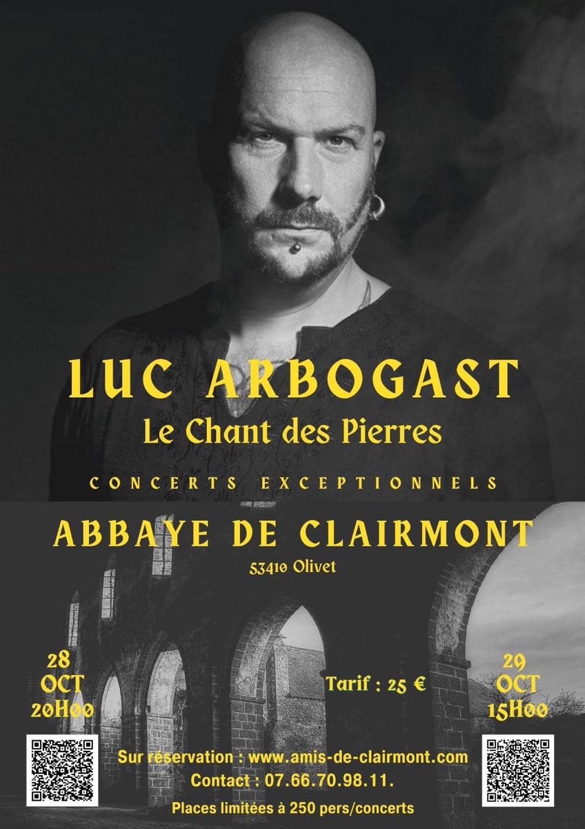 Après #saintcyrenpail le retour de <a href="/LucArbogast/">-LUC ARBOGAST-🌍</a>  en Mayenne  à Olivet abbaye de Clairmont. Réservations samedi vu.fr/yTmh et dimanche vu.fr/DylKq  <a href="/E_Doineau/">Elisabeth Doineau</a> <a href="/LecourtJL/">Lecourt Jean Luc</a> comme vous souhaitiez le revoir et n hésitez pas à partager 🎶