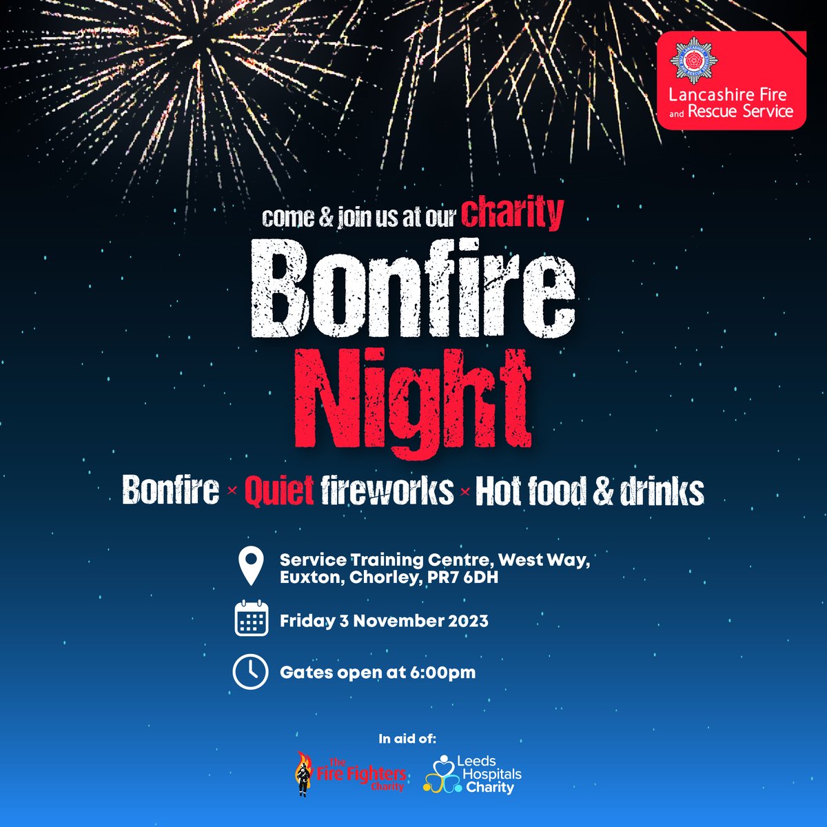 Join us on 03 November for a fabulous, family-friendly charity #BonfireNight event!

There'll be hot food, a bonfire, quiet #Fireworks and more fun activities.

Book your tickets now: bit.ly/3FfC6KM

All proceeds will go to <a href="/firefighters999/">Fire Fighters Charity</a> and <a href="/LDShospcharity/">Leeds Hospitals Charity</a> ❤️