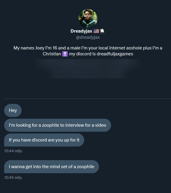 kRaccGurl's tweet photo. Just a little warning to the community:
Be careful about this user. They're trying to fish for zoos to doxx them :) #zoocommunity #doxxerWarning https://t.co/yztzvpYYSn