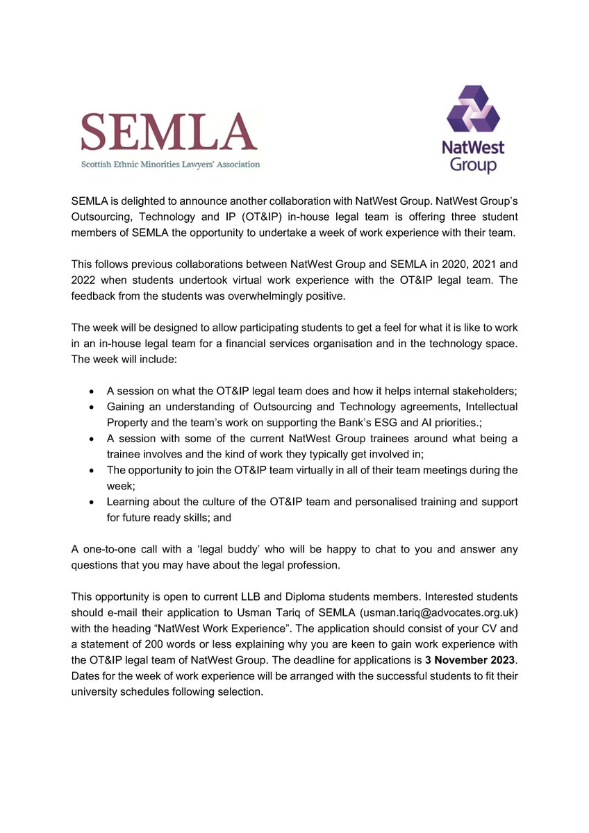 Scottish Ethnic Minorities Lawyers Association (@semlalaw) on Twitter photo SEMLA is delighted to be working again with <a href="/NatWestGroup/">NatWest Group</a> to offer three student members of SEMLA the opportunity to undertake a week of work experience with NatWest's Outsourcing, Technology and IP in-house legal team. The deadline for applications is 3 November. Details below👇 SEMLA is delighted to be working again with <a href="/NatWestGroup/">NatWest Group</a> to offer three student members of SEMLA the opportunity to undertake a week of work experience with NatWest's Outsourcing, Technology and IP in-house legal team. The deadline for applications is 3 November. Details below👇