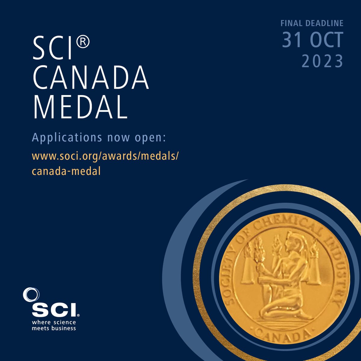 ✨Nominations open - Canada Medal 
Know someone who has shown outstanding service in a Canadian industry based in chemistry? It's not too late to nominate them for our prestigious Canada Medal, established in 1939. 
⬇ ️Click below and apply by 31 Oct
okt.to/BxhW5m