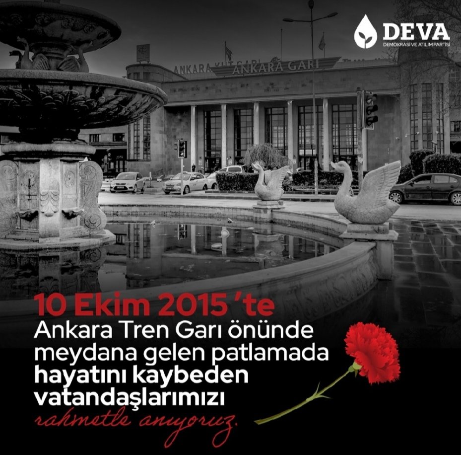 10 Ekim 2015 'de Ankara' da gerçekleşen hain terör saldırısında kaybettiğimiz vatandaşlarımızı saygı ve rahmetle anıyoruz. 
#Ankarakatliamı <a href="/devapartisi/">DEVA Partisi</a> <a href="/alibabacan/">Ali Babacan</a> <a href="/avidrissahin/">Av. İdris Şahin</a> <a href="/erginsadullah/">Sadullah Ergin</a> <a href="/ozlemarlier/">Özlem Arlıer💧</a> <a href="/Melih_Celikors/">Melih Çelikörs</a> <a href="/muratpasakadind/">Muratpaşa Deva Kadın Çalışmaları Başkanlığı</a>