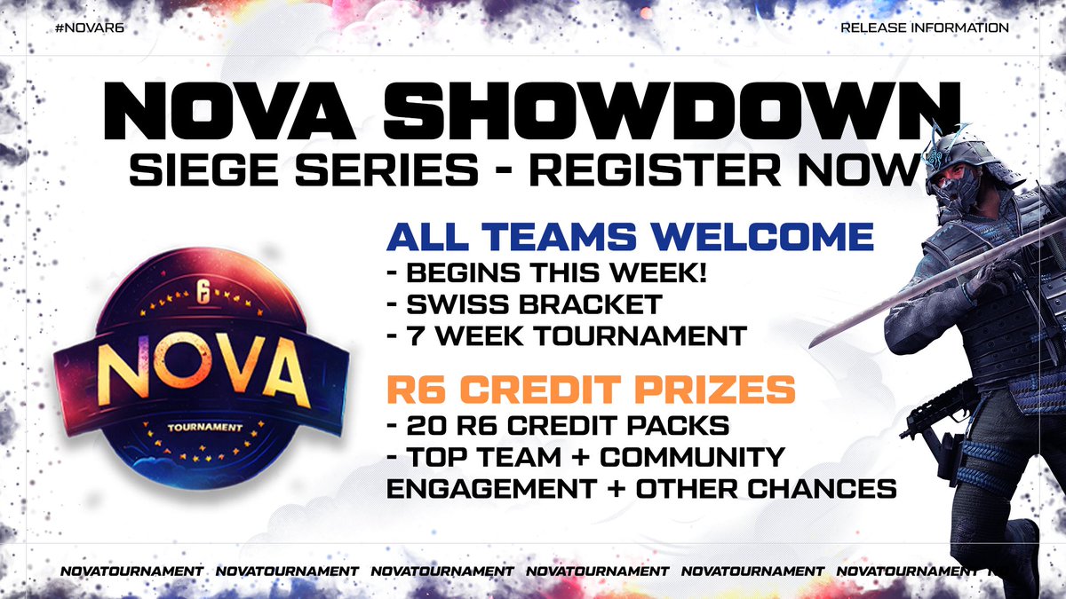 We've been quiet but we're back!! 🔥
Ready for some #RainbowSixSiege action? Join the Nova Showdown Siege Series! 7 weeks of casual fun and credit prizes. 🏆

📅 Signups end 12/10 - Tourney starts 13/10
🥇 Finals week 3/12 - Just in time for Christmas 🎅

🔗 Register NOW! :