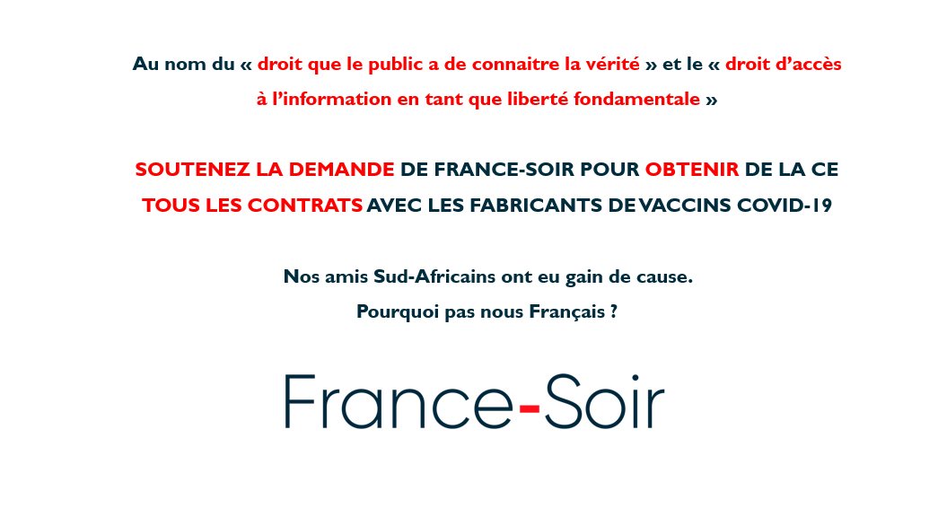 En tant que journaliste à <a href="/france_soir/">France-Soir</a>, j'ai fait une demande à la Commission Européenne pour obtenir TOUS les contrats des fabricants de vaccins Covid-19 au nom du droit fondamental du public d'avoir accès à l'information.  La CE a REFUSE - J'ai décidé de faire appel.
Nos amis