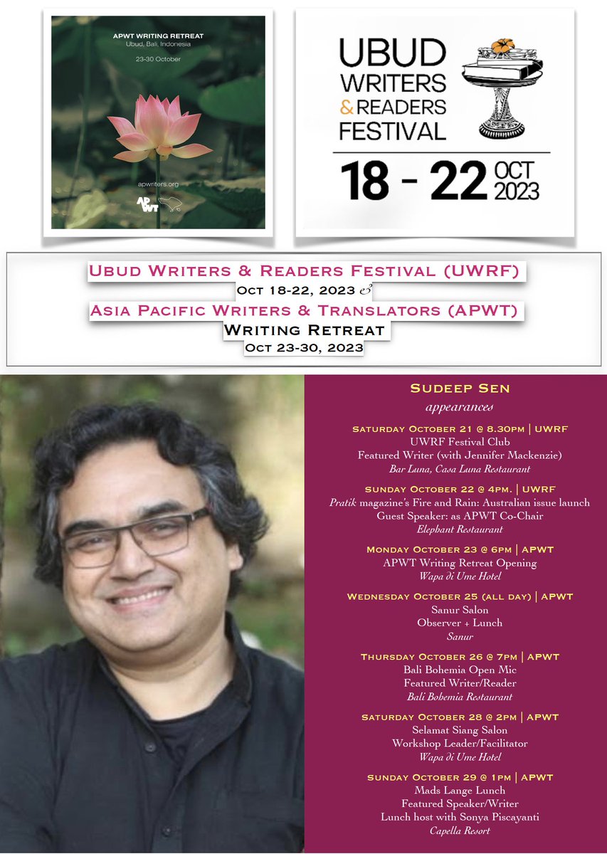 Sudeep Sen (@sudeepsennet) on Twitter photo See you at the <a href="/ap_writers/">Asia Pacific Writers & Translators</a> Asia Pacific Writers & Translators Writing Retreat
& <a href="/ubudwritersfest/">Ubud Writers & Readers Festival 2024</a> Ubud Writers & Readers Festival in Bali soon.
For the retreat, spaces are filling up fast -- do register at --
apwriters.org/apwt-writing-r…
<a href="/ilya_poet/">Ilya Kaminsky</a> <a href="/ranjithoskote/">Ranjit Hoskote</a> <a href="/mileeashwarya/">Milee Ashwarya</a> See you at the <a href="/ap_writers/">Asia Pacific Writers & Translators</a> Asia Pacific Writers & Translators Writing Retreat
& <a href="/ubudwritersfest/">Ubud Writers & Readers Festival 2024</a> Ubud Writers & Readers Festival in Bali soon.
For the retreat, spaces are filling up fast -- do register at --
apwriters.org/apwt-writing-r…
<a href="/ilya_poet/">Ilya Kaminsky</a> <a href="/ranjithoskote/">Ranjit Hoskote</a> <a href="/mileeashwarya/">Milee Ashwarya</a>
