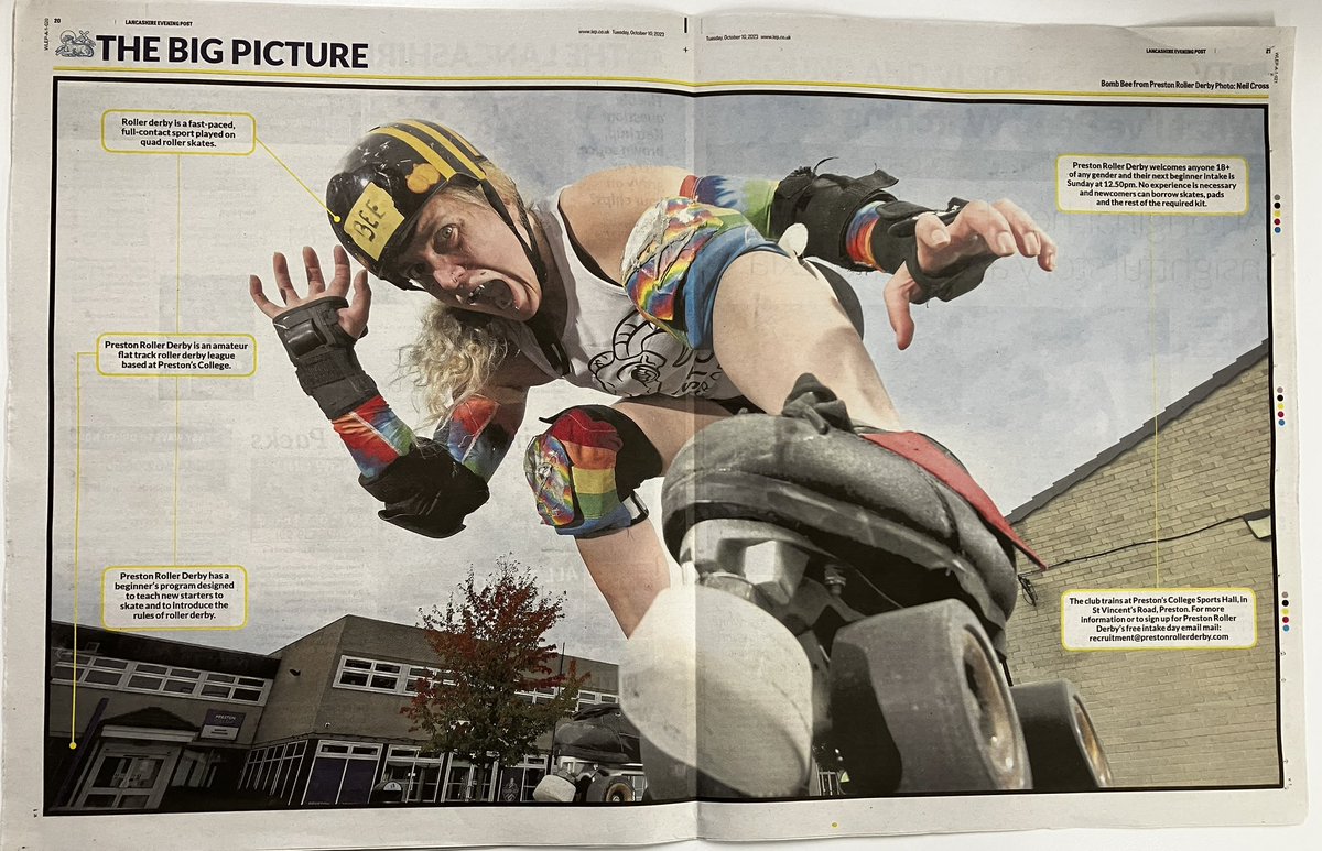prestonrollers's tweet photo. What an amazing photo we have of Bomb Bee, Head Coach, in the centre pages of the @leponline 
It’s not to late to join up for our Beginner intake on Sunday, just click link below. Open to all genders 18+ Kit provided. 
https://t.co/HYseH2px6a https://t.co/49VooKWqGt