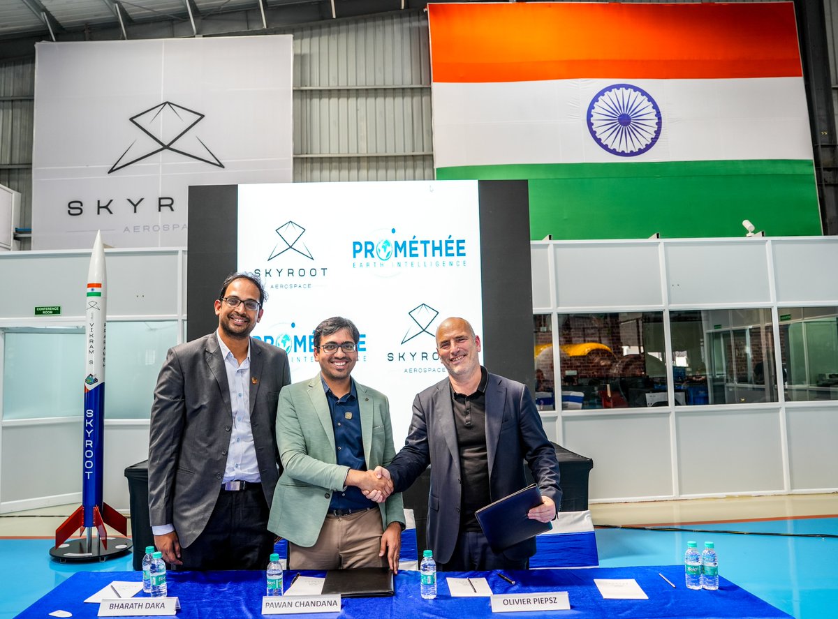 Skyroot Aerospace (@skyroota) on Twitter photo Exciting news! We've signed MoU with <a href="/PROMETHEE_Space/">PROMÉTHÉE Earth Intelligence</a>, a leading French earth observation constellation operator, to provide launch services aboard our Vikram launch vehicles for their Earth observation satellite constellation. This follows the exploratory meeting between the two Exciting news! We've signed MoU with <a href="/PROMETHEE_Space/">PROMÉTHÉE Earth Intelligence</a>, a leading French earth observation constellation operator, to provide launch services aboard our Vikram launch vehicles for their Earth observation satellite constellation. This follows the exploratory meeting between the two