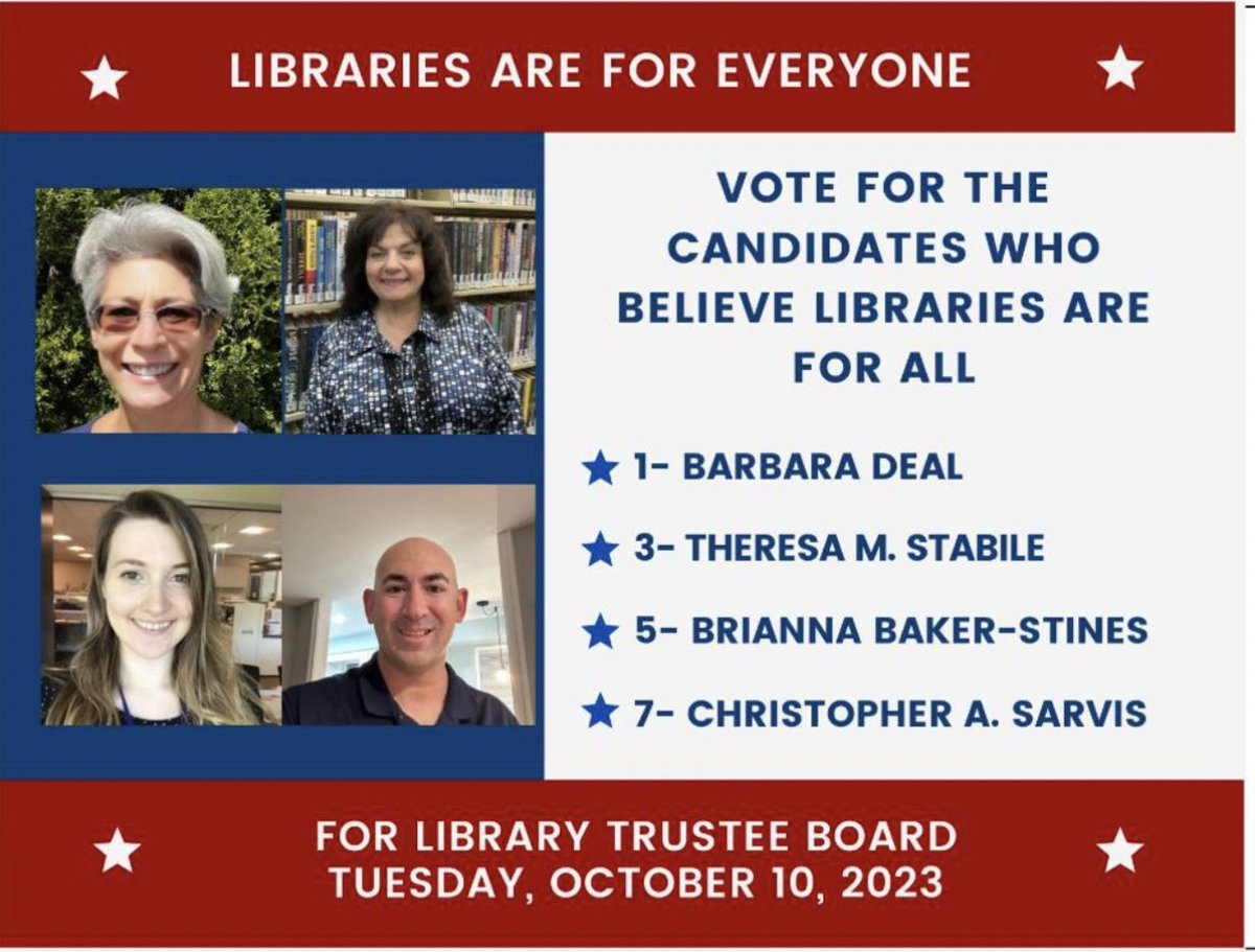 Smithtown/Kings Park/St. James/Nesconset/Commack folks in the Town of Smithtown, please vote today at your Smithtown library branch.

These candidates will respect the library trustee role and keep our libraries free of censorship/other restrictions based on personal ideology.