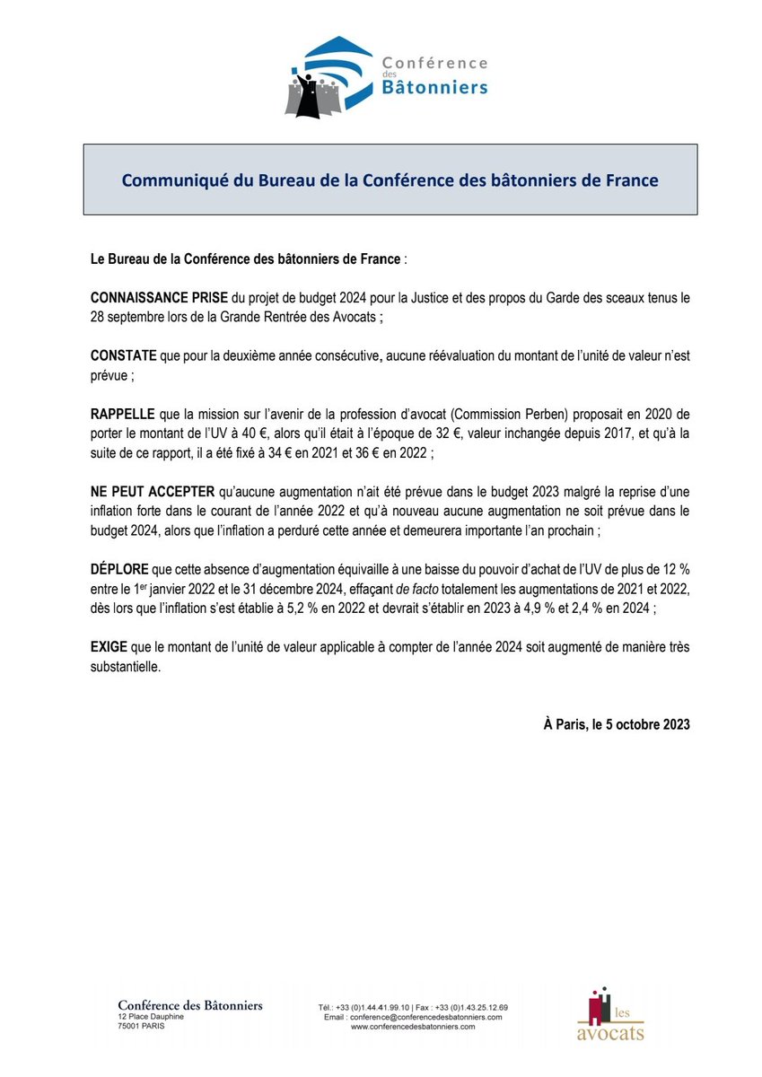 AIDE JURIDICTIONNELLE 
Depuis le 01/01/2022, le montant de l’unité de valeur reste fixé à 36 €.
Malgré la reprise d'une inflation forte il est inchangé dans le projet de budget 2024 comme en 2023.
Cela n'est pas acceptable.
Le Bureau de la <a href="/Conf_Batonniers/">ConférenceBâtonniers</a> exige son augmentation