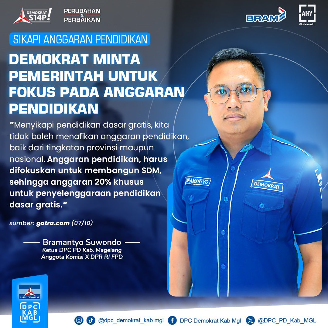 DPC_PD_Kab_MGL's tweet photo. Dukungan pemerintah sangat berpengaruh pada produk pendidikan menjadi tanggung jawab negara. Oleh karena itu, kewajiban pemerintah, harusnya anggaran difokuskan.
#HarapanRakyatPerjuanganDemokrat #DemokratS14P
#BerjalanBersamaMasBram https://t.co/1ZSJ2c9JCu