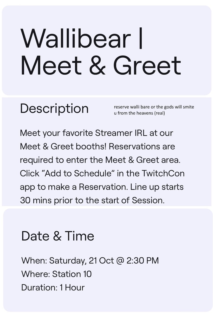 TWITCHCON MEET AND GREET OCT 21 @ 2:30 PM RESERVE ME ON THE TWITCHCON APP OR YOU SHALL BE SMITED 👉👈🎉⛈️