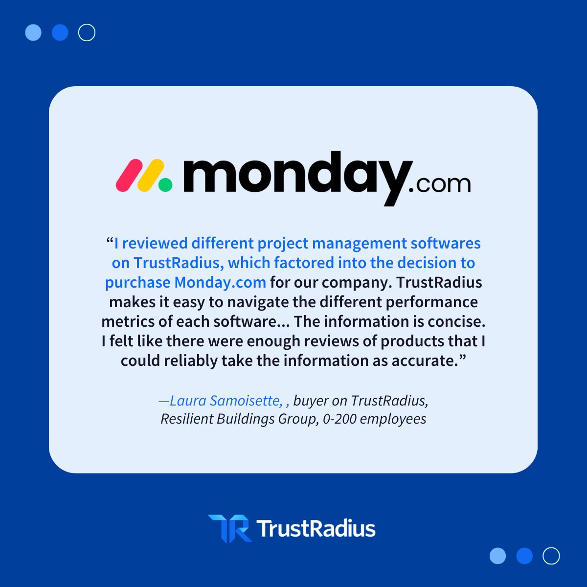 trustradius's tweet image. Laura&apos;s company needed a new #ProjectManagement solution, so she compared different tools and user #Reviews on @TrustRadius (where @mondaydotcom has 4,527 content-rich reviews and ratings!).

See why Laura chose them. 👀 their review page: bit.ly/3QajxxT
#ProveItOrLoseIt