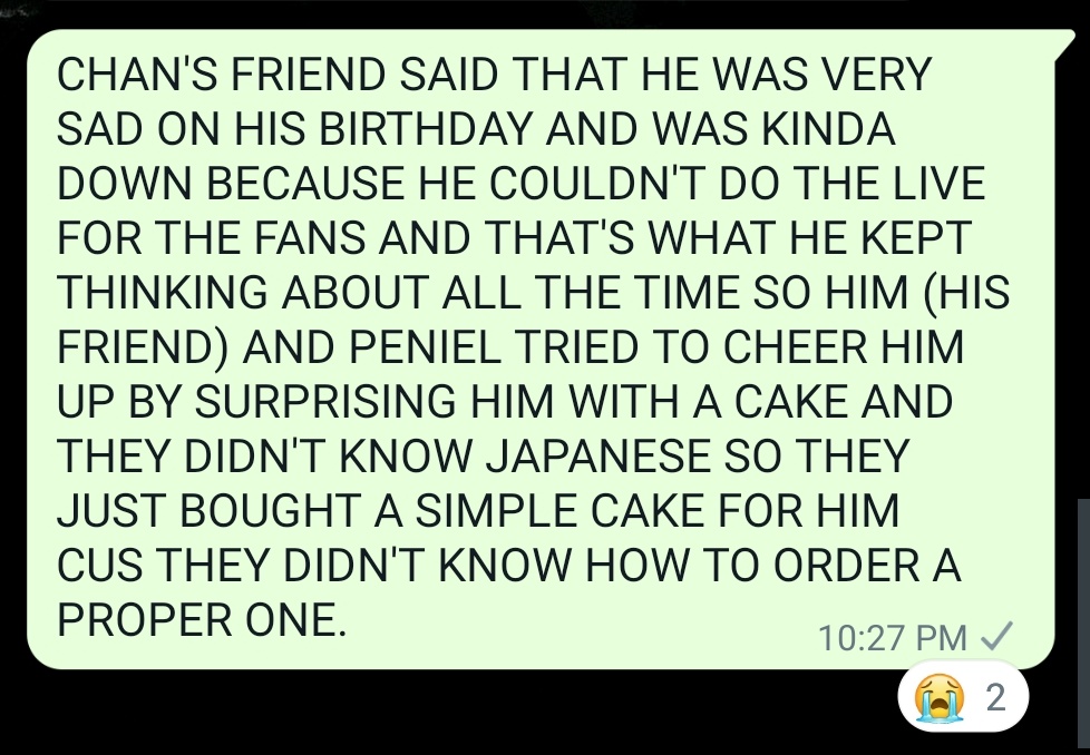 SrushtiOza's tweet photo. HE WAS THINKING ABOUT *US* ON HIS BIRTHDAY!!!!! HE WANTED TO BE WITH US!! AND HE WAS SAD HE COULDN'T!! AND HIS FRIENDS TRIED TO CHEER HIM UP!!!!!!! 

OH MY CHANNIE I LOVE YOU 😭😭😭💖💖💖💖💖💖 https://t.co/KF8pG14ir8