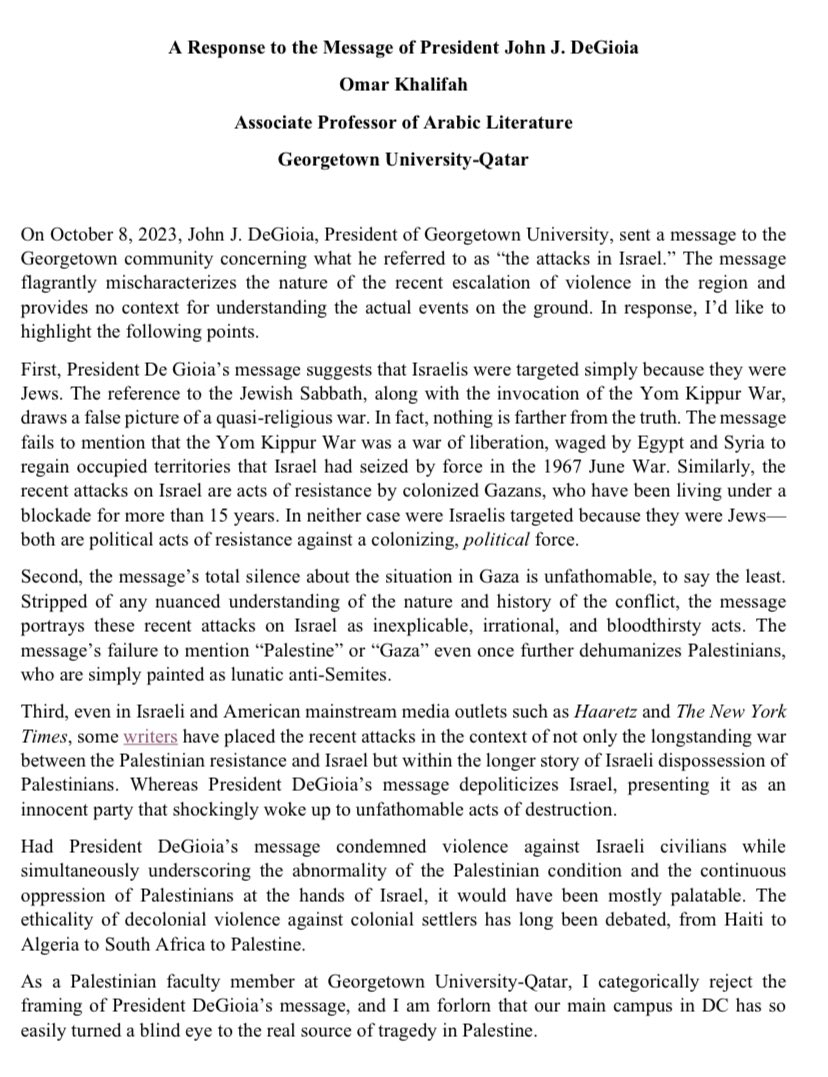 My response to the message of the President of @Georgetown University concerning the recent events. @GUQatar