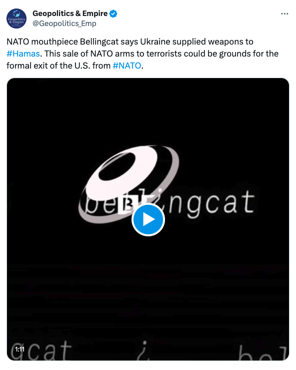 We're aware of a fake BBC video circulating on social media falsely claiming that Bellingcat has verified Ukrainian weapons sales to Hamas. We've reached no such conclusions or made any such claims. We'd like to stress that this is a fabrication and should be treated accordingly.
