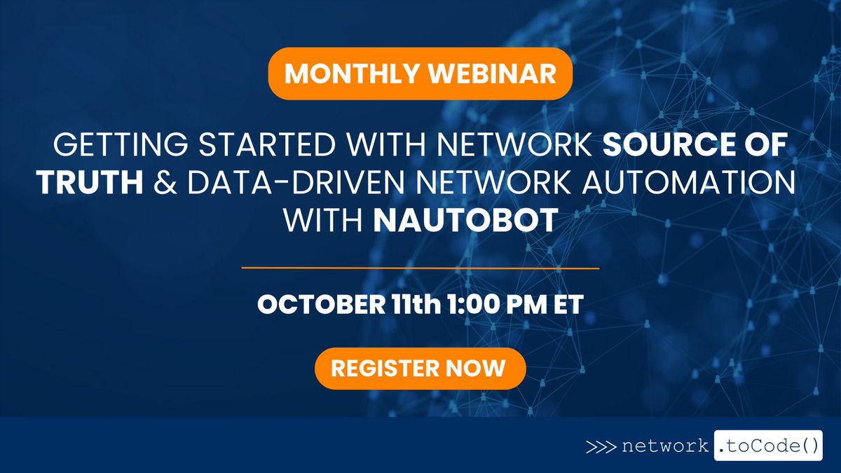 networktocode's tweet image. TOMORROW! Take back control of your network with a data-driven approach to #networkautomation with Nautobot. Join this webinar to learn all about #SourceofTruth, the difference between intent and reality, and an intro to #Nautobot!

👉 Register here: hubs.ly/Q0250BNz0