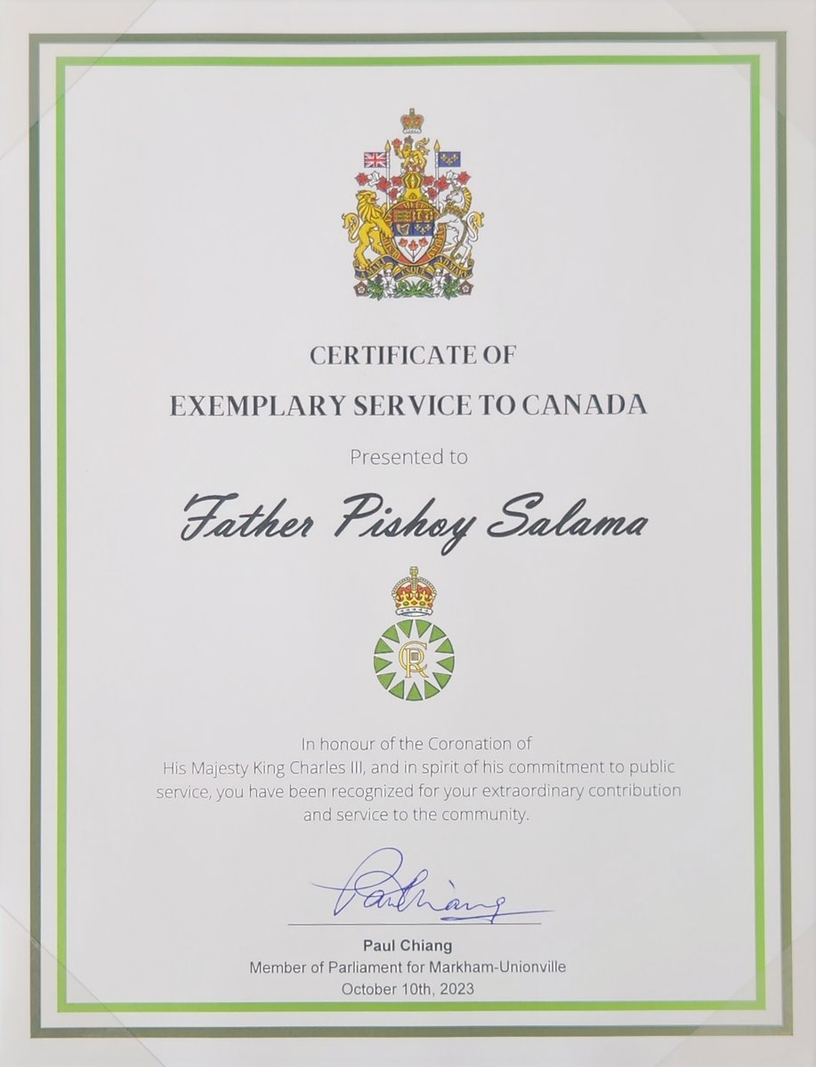 FrPishoy's tweet photo. It is a great honour to receive HM King Charles III Coronation Pin 2023 Award presented to individuals who have shown “extraordinary contribution &amp; service to the community.” I am thankful to MP @PaulChiangMU of Markham-Unionville for his nomination and presentation of the award. https://t.co/Br7QEvdqJx