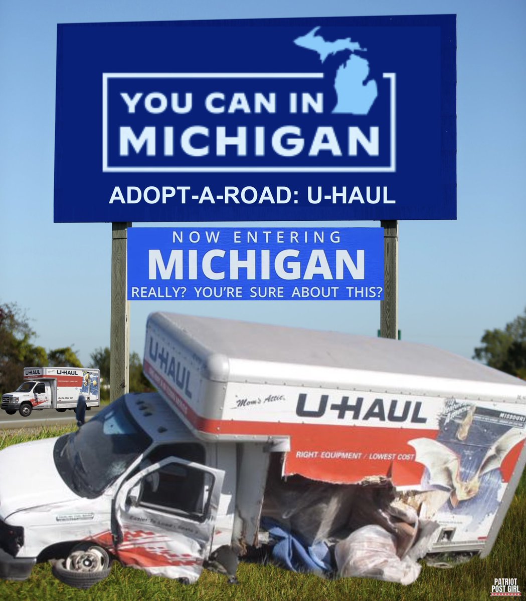 PatriotPostGirl's tweet photo. When your state is in the top three for most U-Haul departures in the nation, you’d think maybe Governor Whitmer could get U-Haul to pay for the $20M ad campaign she’s pushing, instead of the taxpayers. A fancy new slogan is just the wrapping paper for a gift most families can’t afford when their #PureMichiganDollar only equals 87 cents and their utility bill is 28% higher than the national average.

#YouCanBarelyMakeItInMichigan