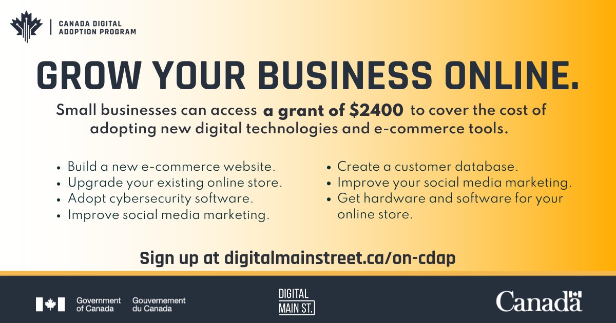 Reach more customers online! The #CDAP Grow Your Business Online Grant of $2400 can help your #smallbusiness cover the cost of adopting new digital technologies to get online. Apply now with <a href="/digital_mainst/">Digital Main Street ™</a> at: digitalmainstreet.ca/on-cdap/?utm_s…