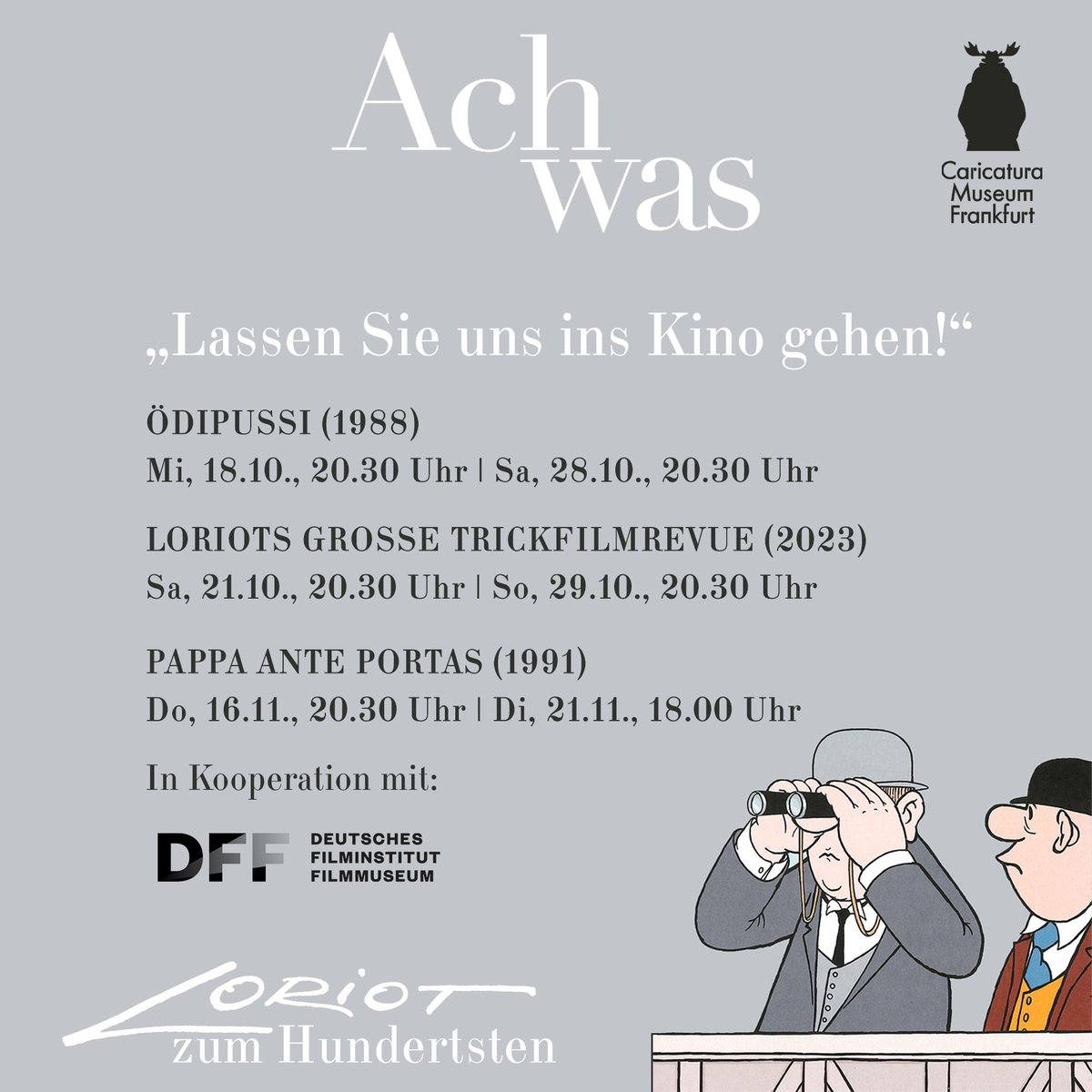 Caricatura Museum Frankfurt (@caricaturaffm) on Twitter photo Das Kino des DFF wird in Kooperation mit dem Caricatura Museum im Oktober und November zwei Kinofilme und eine Trickfilmkompilation von #Loriot zeigen. Mit dem Loriot-Kinoticket erhaltet Ihr ermäßigten Eintritt zur Caricatura-Ausstellung und umgekehrt! #caricaturaffm <a href="/dff_film/">Deutsches Filminstitut & Filmmuseum</a> Das Kino des DFF wird in Kooperation mit dem Caricatura Museum im Oktober und November zwei Kinofilme und eine Trickfilmkompilation von #Loriot zeigen. Mit dem Loriot-Kinoticket erhaltet Ihr ermäßigten Eintritt zur Caricatura-Ausstellung und umgekehrt! #caricaturaffm <a href="/dff_film/">Deutsches Filminstitut & Filmmuseum</a>