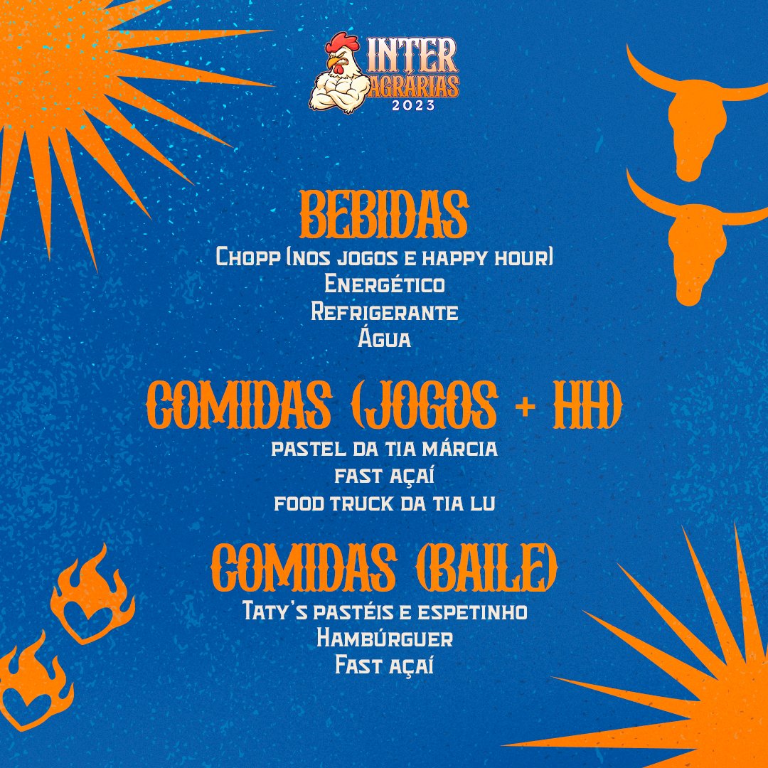 berranteiraUFG's tweet photo. Já tá no climinha de Inter Agrarias por aí? Aqui não se fala de outra coisa!!🤪

Serão mais de 12h por dia de evento, pra aguentar tudo isso, não podia faltar nossas comidas e bebidas pra dar aquela sustância. Vamos ter varias banquinhas e nosso bar de fichas também está on!🥵 https://t.co/H8i966o3Rc
