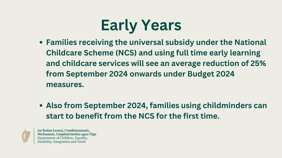 Minister O’Gorman announces families using childminders can start to benefit from NCS funding from Sept 2024 as well as further reductions in what parents pay for childcare starting in September 2024 #Budget2024