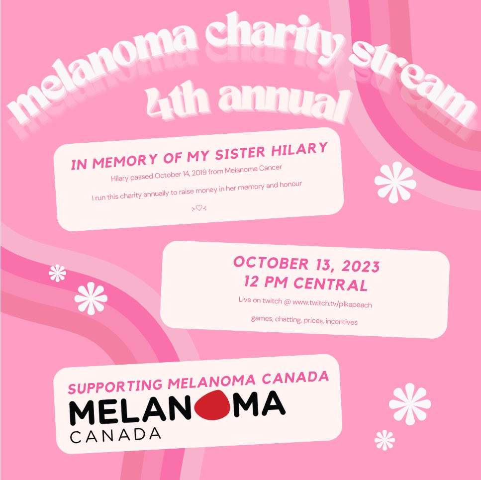 P1KAPEACH's tweet photo. ❤️‍🔥 CHARITY STREAM FRIDAY! ❤️‍🔥

we have emblem codes, @GamerSupps and more fun prizes! ✨

this is the annual charity stream for @MelanomaCanada in memory of my sister Hilary. last year we raised over $10,000 😮 https://t.co/xmijBjfU4w