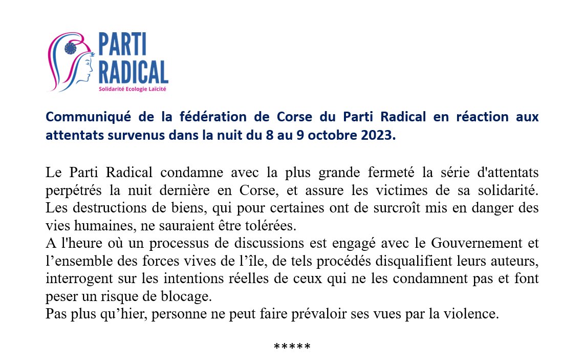 Parti_Radical20's tweet photo. Notre fédération de Corse du ⁦@PartiRadical⁩ a réagi en la condamnant à la vague d’#attentats survenus en #Corse dans la nuit du 8 au 9 octobre revendiquée par le #FLNC 👇 https://t.co/VN0oqcVcWK