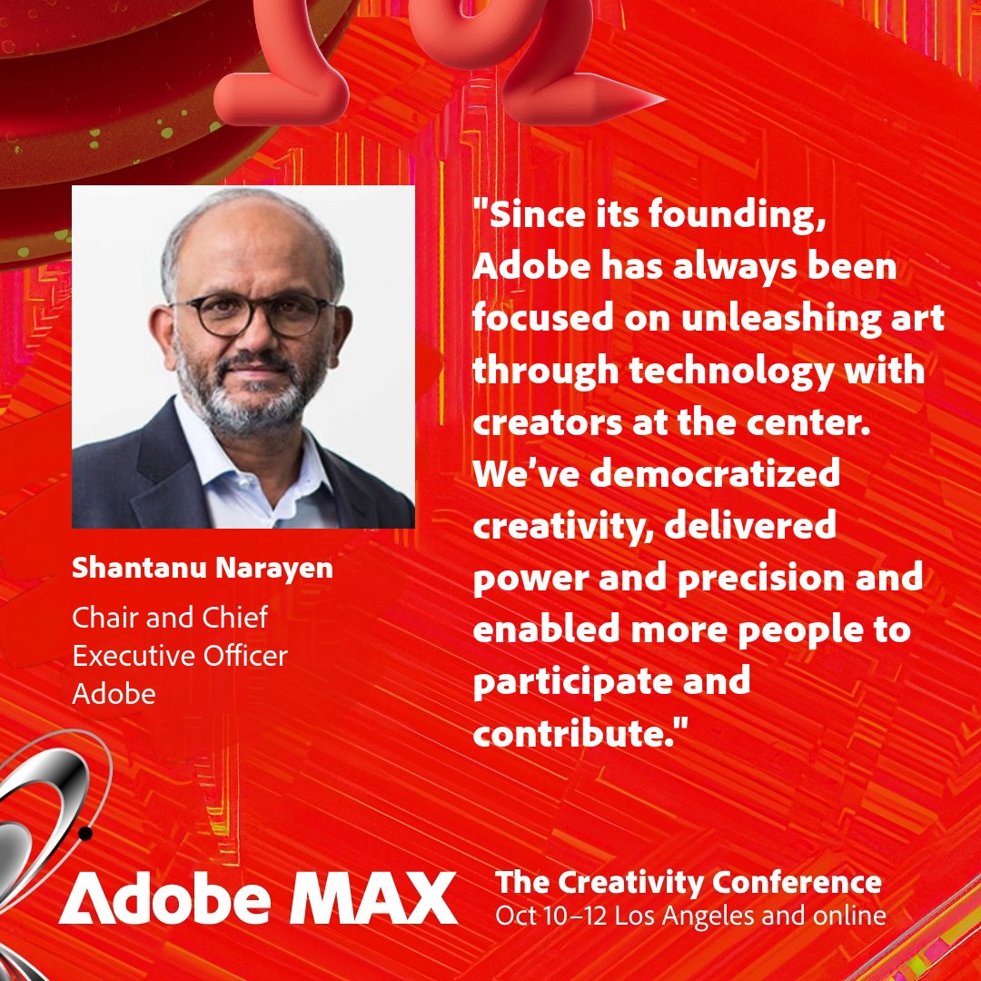 Adobe's tweet photo. CEO Shantanu Narayen reflects on Adobe's core purpose: empowering our incredible creative community. ❤️ Tune in: https://t.co/qRVkaNEkET #AdobeMAX https://t.co/YW5cVnD9Uq