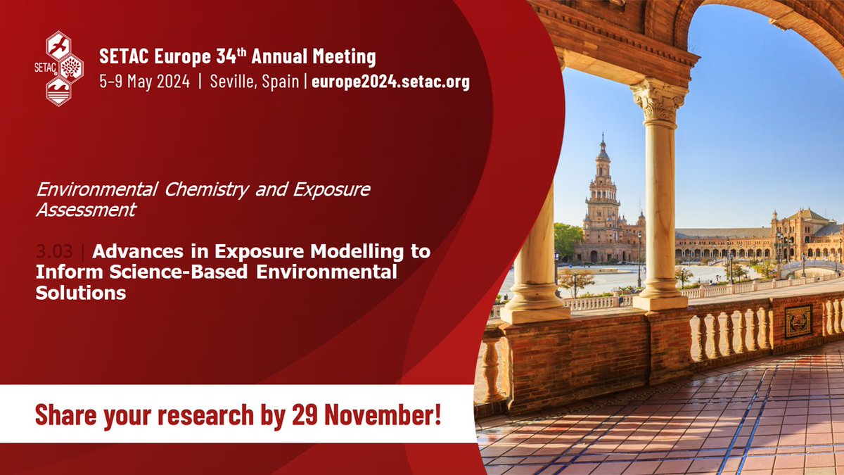 samharrison7's tweet photo. Abstract submissions are now open for #SETACEurope2024 in Seville next May. If your work involves modelling the release or exposure of chemicals in the environment, come along for the 3rd rendition of our #ExposureModelling session!

@praetoriusA @agentmercury @SteveLofts1 https://t.co/w3V67YQqsa