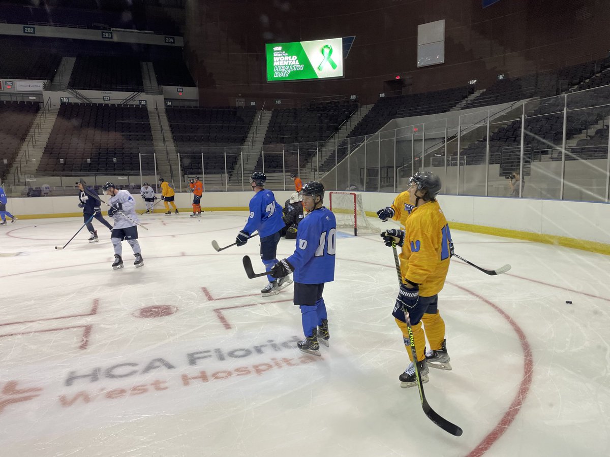Garrett Milan (#10 in blue) one of several players returning to Pensacola as Ice Flyers open training camp.  Season opens, Oct 21. #79 in blue is Dallas Comeau.