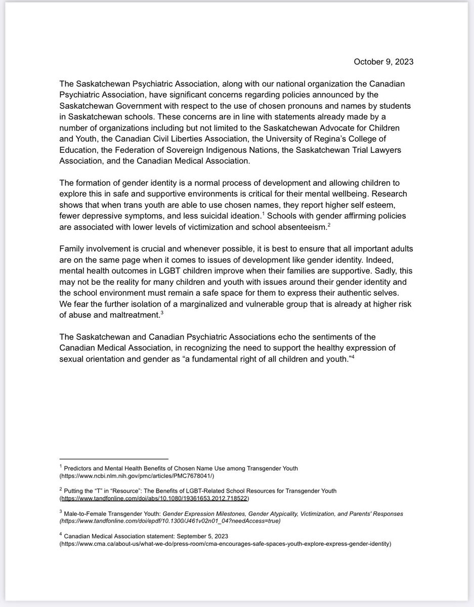 hinz_tamara's tweet photo. This joint statement by the Saskatchewan and Canadian Psychiatric Associations was provided to the Government of Saskatchewan, the Minister of Education, and the Official Opposition yesterday. 

#SkPoli https://t.co/KhXyKGDwot