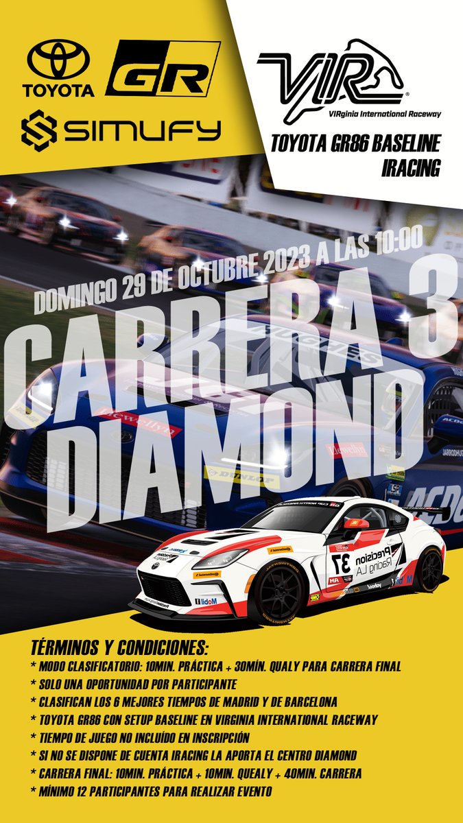 Diamond Esports Center - Madrid (@diamondec_mad) on Twitter photo ⚠️ Ojo Pilotos!
🏁 CARRERA SIMRACING 3 DIAMOND
🏎️ Toyota GR86 I Virginia I #iracing
📩 Inscripciones ABIERTAS
📺 #twitch <a href="/lecesports/">LEC Esports</a> ⚠️ Ojo Pilotos!
🏁 CARRERA SIMRACING 3 DIAMOND
🏎️ Toyota GR86 I Virginia I #iracing
📩 Inscripciones ABIERTAS
📺 #twitch <a href="/lecesports/">LEC Esports</a>