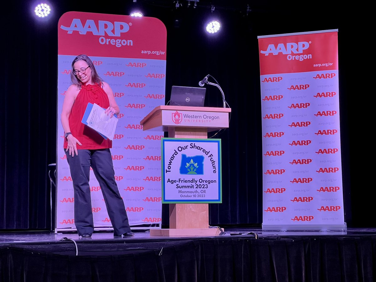 AARPOR's tweet photo. Kicking off the #agefriendlyoregon Summit 2023 with @jewell_sabra and @WesternOregonU @WOUPresident Jesse Peters! #livability #livablecommunities #oursharedfuture https://t.co/hI8Wn2kPK4