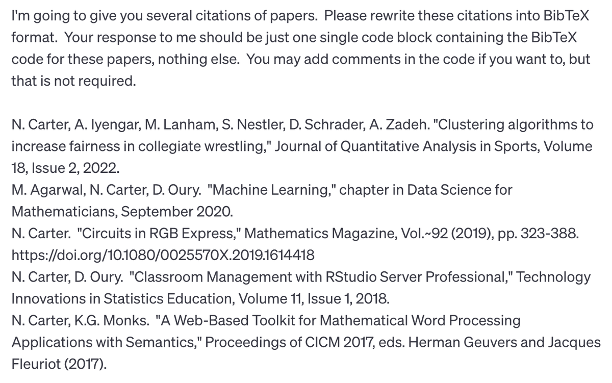nathancarter5's tweet photo. #ChatGPT can do lots of things.  Here's one mathematicians will appreciate.  (Notice how well it did with the details, even extracting a DOI from an URL.) https://t.co/q8aR3iBaTg