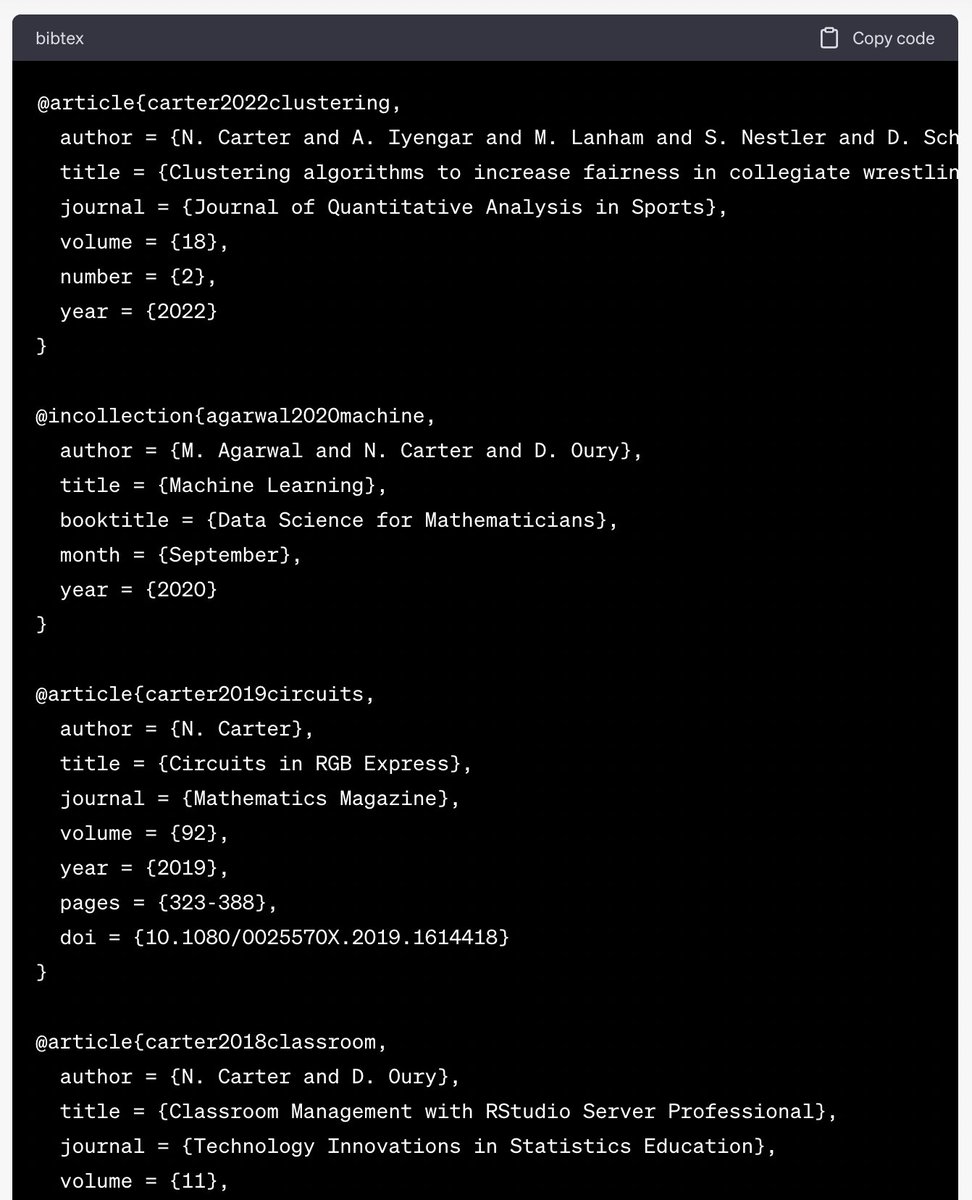 nathancarter5's tweet photo. #ChatGPT can do lots of things.  Here's one mathematicians will appreciate.  (Notice how well it did with the details, even extracting a DOI from an URL.) https://t.co/q8aR3iBaTg