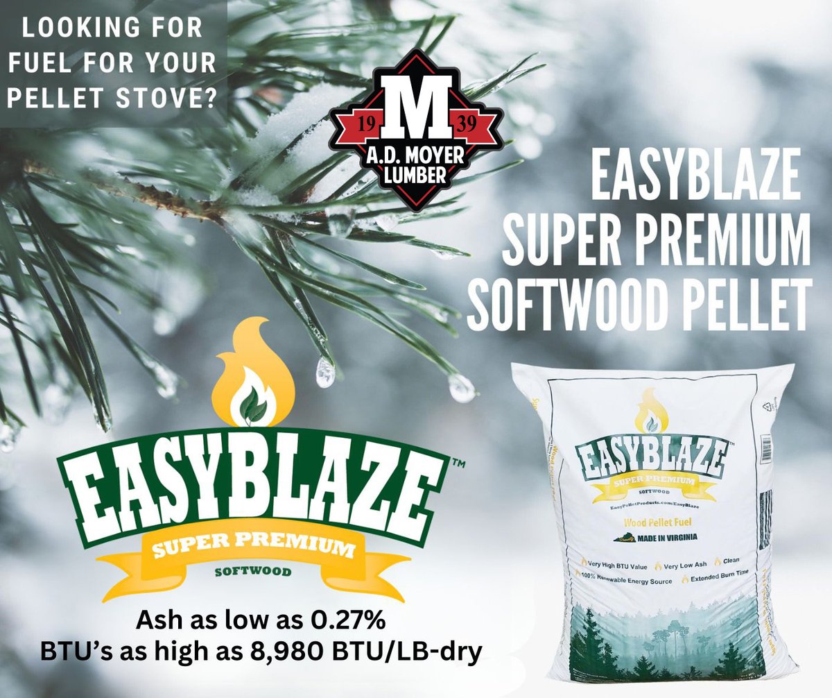 ADMoyerLumber's tweet photo. It's Fall y'all. Time to stock up on Wood Pellets! #EasyBlaze #WoodPellets  Super Premium Softwood Pellet Fuel is in compliance with PFI "Premium" grade standard. Due to its very #LowAsh content (as low as 0.27%), our pellet is Super Premium.
https://t.co/liUPbbhTYf
#SuperPremium https://t.co/ppakxSPIYe