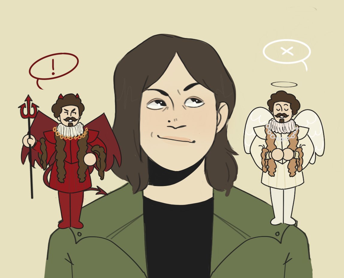 spaceranger_sam's tweet photo. had a request for alison with an angel &amp; devil humphrey on her shoulders #BBCGhosts https://t.co/qWsvGr7Ccg