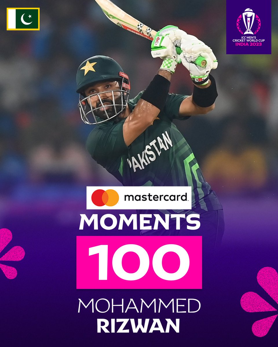 cricketworldcup's tweet photo. Mohammed Rizwan's first-ever ICC Men's Cricket World Cup hundred guides the Pakistan chase in Hyderabad 👌

@mastercardindia Milestones 🏏

#CWC23 #PAKvSL https://t.co/PQqbif2I5B