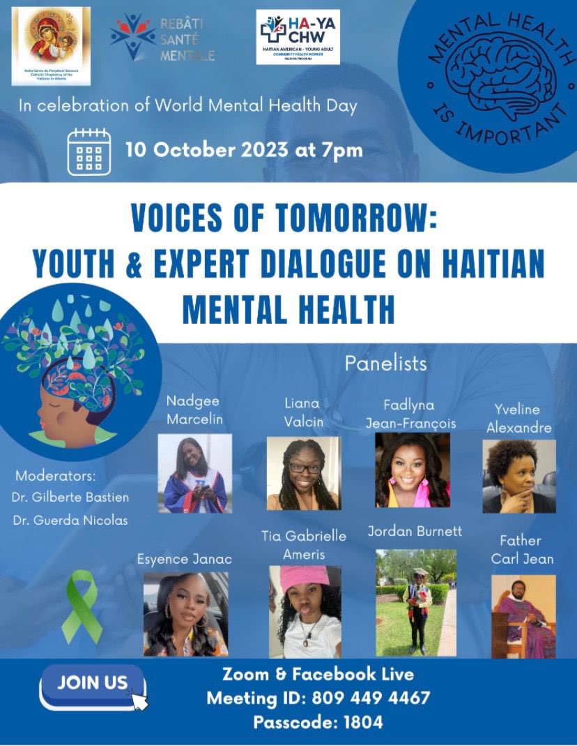 GilberteBastien's tweet photo. In celebration of World Mental Health Day, join us tonight at 7pm for  a community discussion on Haitian mental health featuring  young adult, parent, and expert perspectives. #WorldMentalHealthDay2023 #Haitianmentalhealth #Youthmentalhealth

https://t.co/oHvVxAuvwu https://t.co/VvHFIAUZkj