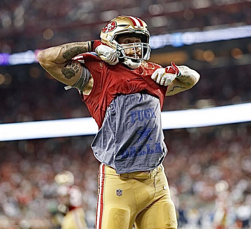 Coach_Yac's tweet photo. George Kittle on Micah Parsons being offended at his 'Fuck Dallas' shirt:

"At the end of the day it's Niners vs Cowboys. It's historic. It's fun to channel that energy once in a while, that's all I was doing. I'd do it again. I'm a mild internet troll."

(via @KNBR) https://t.co/wGlT84mI99