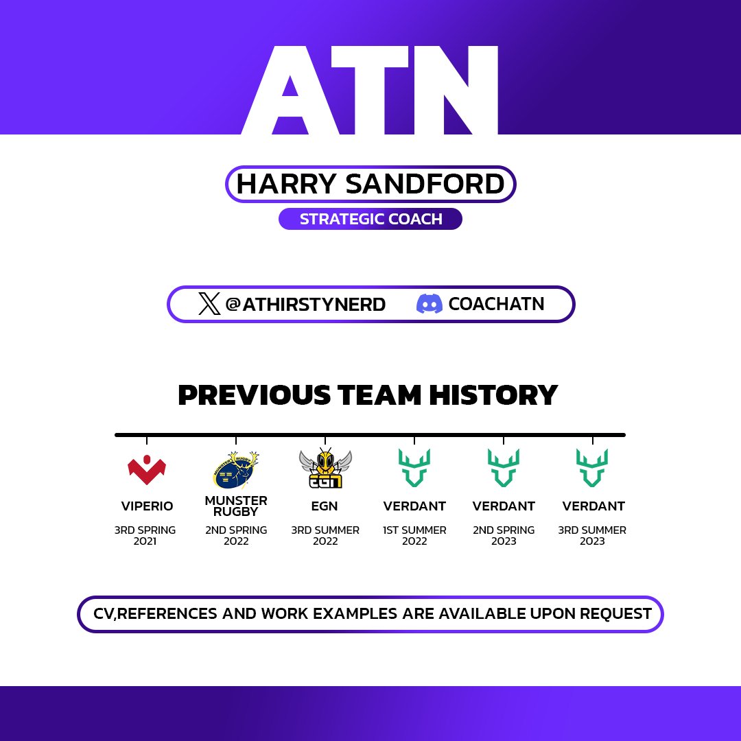AThirstyNerd's tweet image. Hey everyone,

I'll be exploring my options as Strategic and Assistant coach for 2024! Open to all offers from ERL1 and above!

CV, Work Examples and References all available on request!

Don't hesitate to reach out in my DMs!

Retweets &amp;amp; Likes appreciated 💚