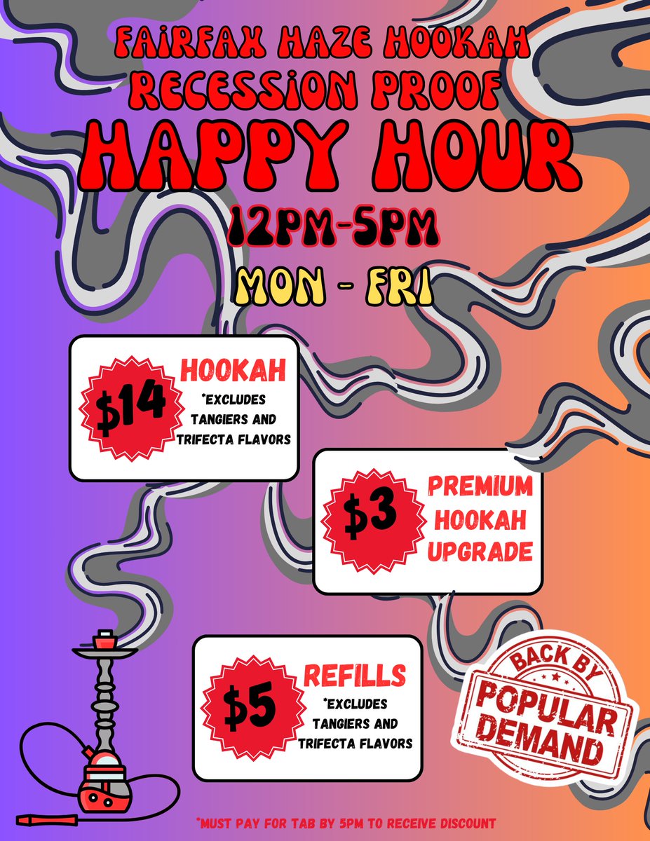 HazehookahCafe's tweet photo. Our Happy Hour special is back!  Only at our Fairfax location.

#happyhour #hookah #fyp #viral #trending #hookahlounge https://t.co/TT1EJohtpf