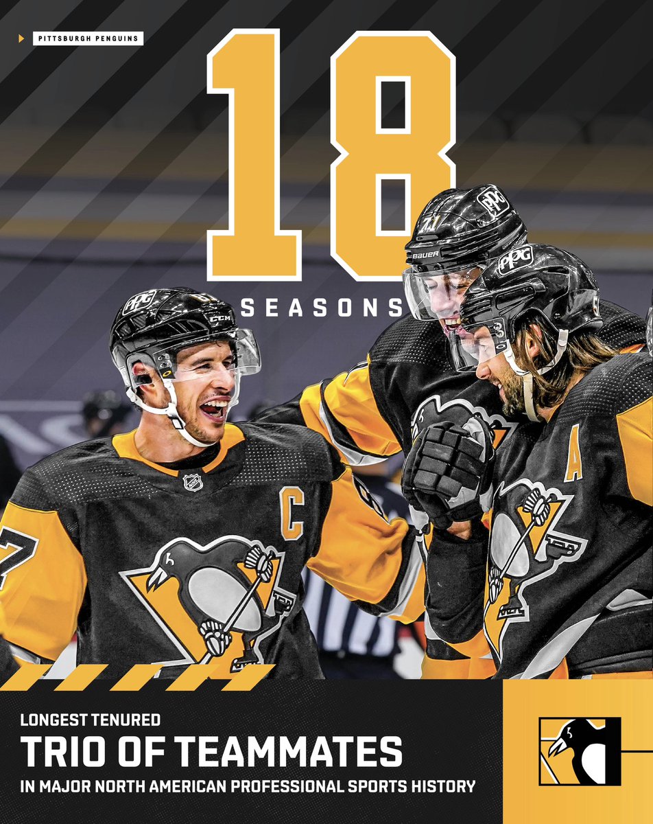 PenguinsPR's tweet photo. Guess who's back, back again (x18)

Tonight, Sidney Crosby, Evgeni Malkin and Kris Letang return for their 18th season together, becoming the longest-tenured trio of teammates in major North American professional sports history. https://t.co/00Xh3SONi3