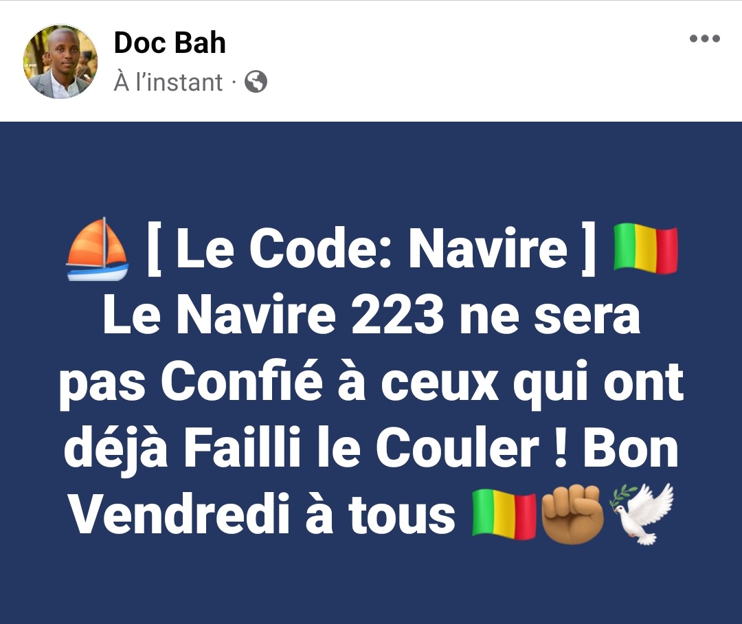 ⛵ Mali bé djo inch'Allah ✊🏽 🇲🇱 🕊️
#docbah <a href="/PresidenceMali/">Presidence Mali</a> <a href="/GoitaAssimi/">Général d'Armée Assimi GOITA</a> <a href="/ChoguelKMaiga/">Choguel Kokalla Maiga</a> <a href="/AbdoulayeDiop8/">Amb. Abdoulaye Diop</a> @Colonel_Maiga